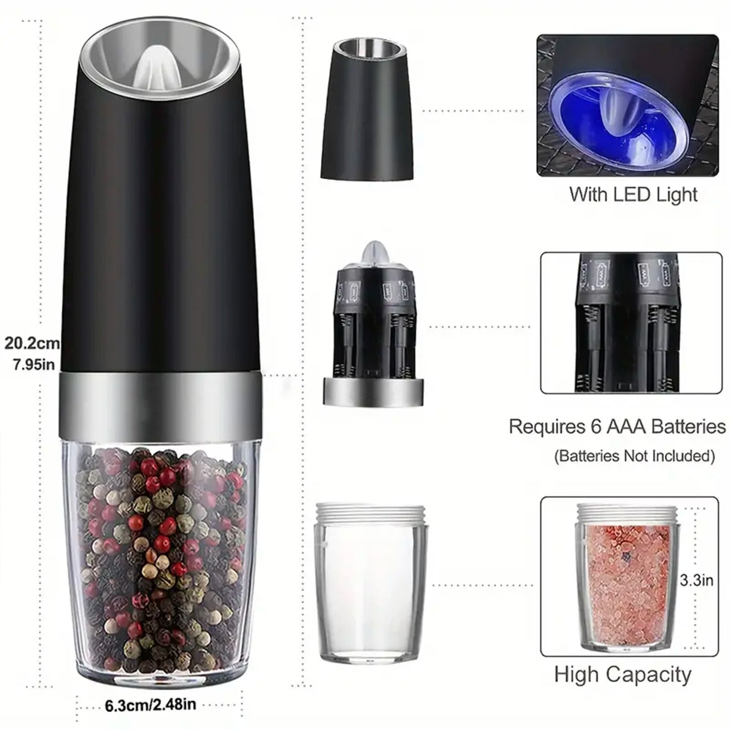Gravity Electric Salt And Pepper Mill, Tilt To Grind Automatically, Battery Powered, Coarseness Adjustable, Upgraded Large Capac