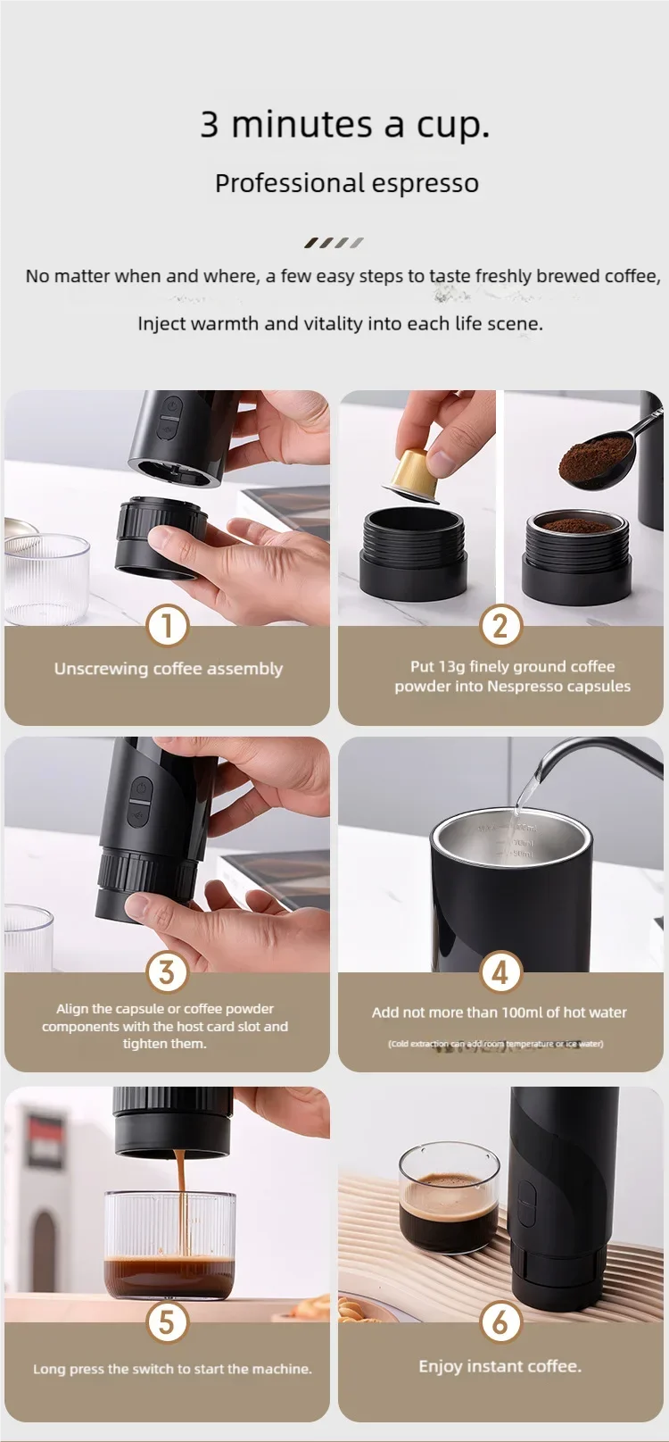 Portable Espresso Coffee Machine KFJ-1S-S1201C1 20Bar High Pressure Capsule/Ground Dual Extraction Travel /Office